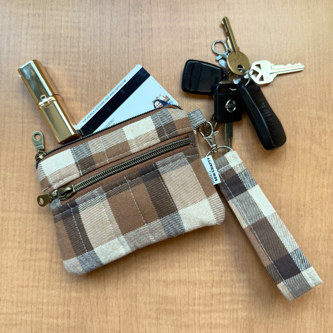 Double Zipper Wristlet Wallet Brown Checker
