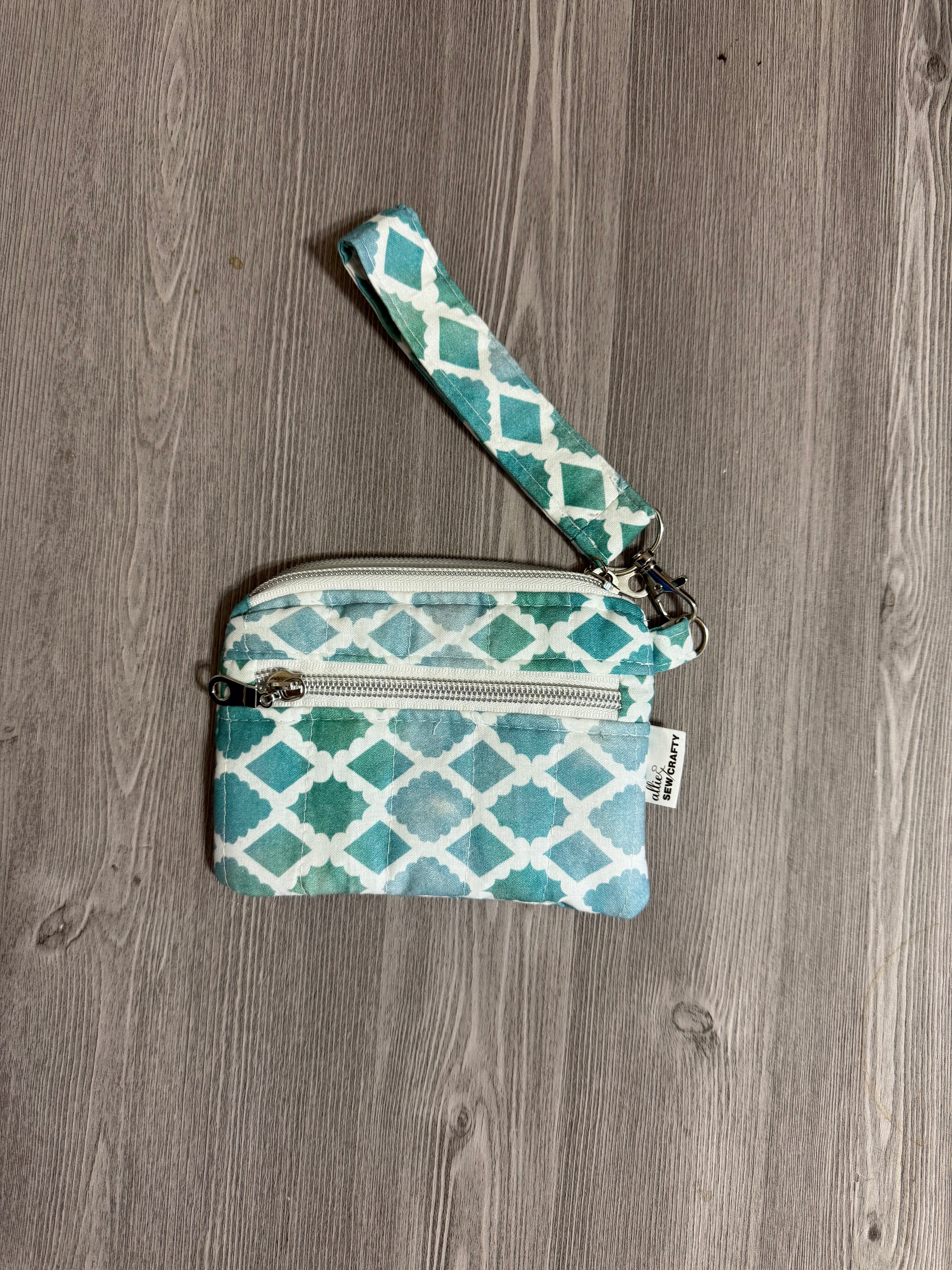 Green and White Double Zipper Wristlet Wallet