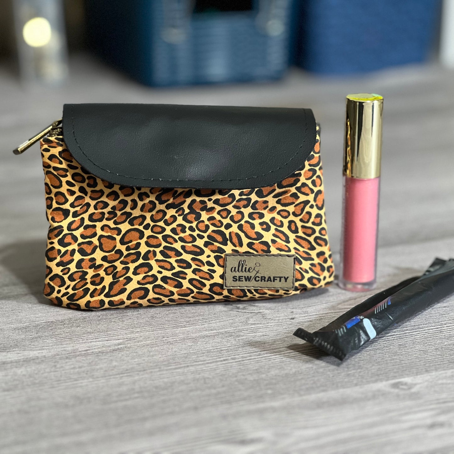 Mini Cheetah Dual Zipper Pouch with Clear Lining