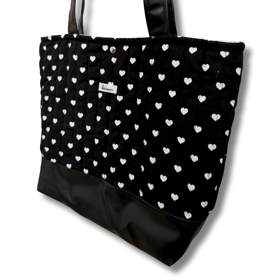 Black & White Quilted Tote | Minimalist Love Pattern Shoulder Bag | Everyday Carry