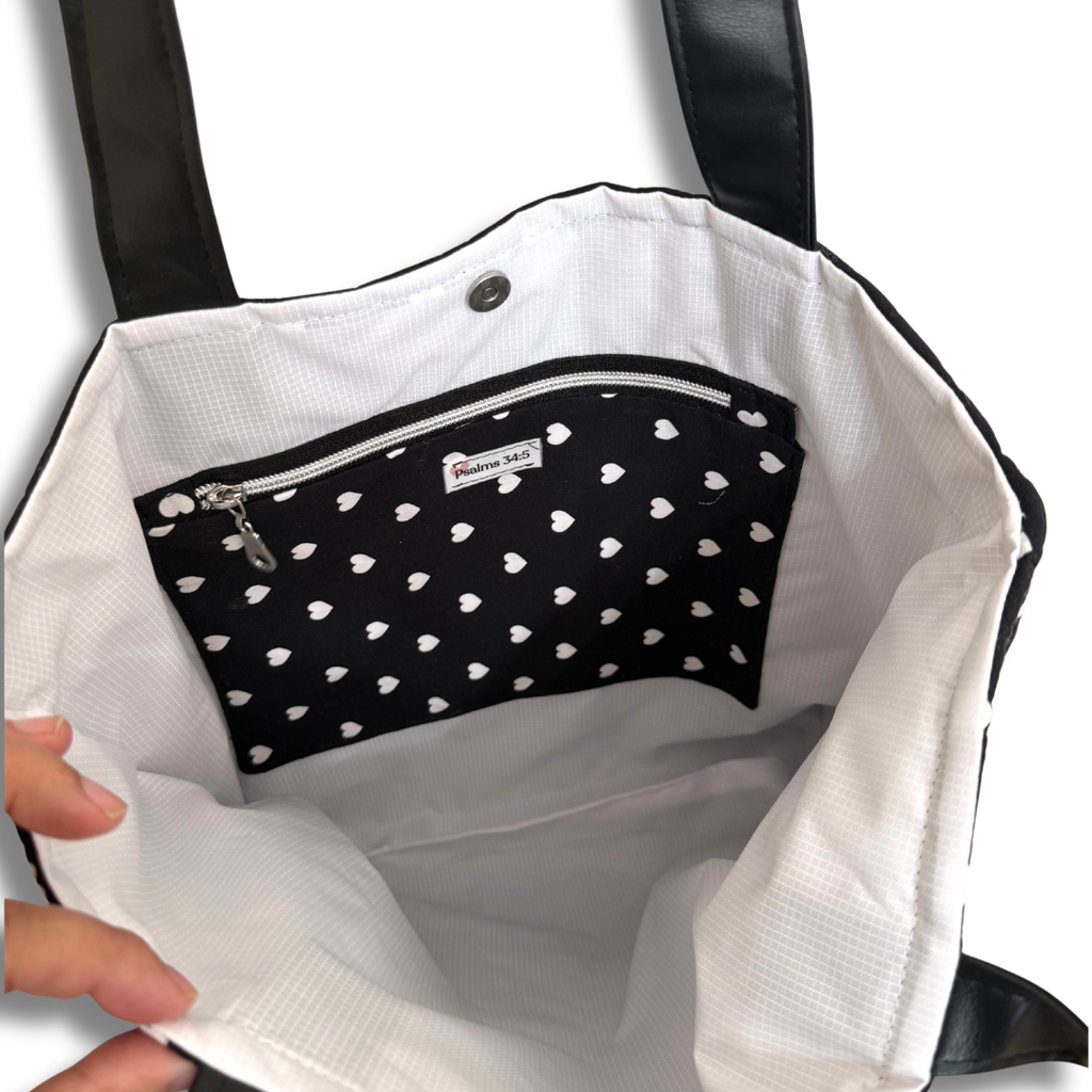 Black & White Quilted Tote | Minimalist Love Pattern Shoulder Bag | Everyday Carry