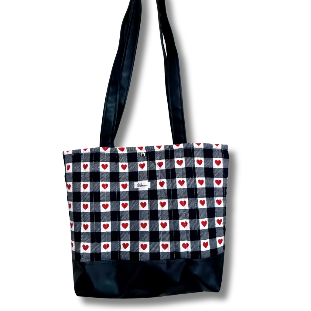 Buffalo Plaid & Red Heart Quilted Tote | Faux Leather Bottom