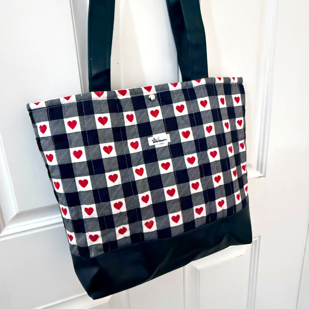 Buffalo Plaid & Red Heart Quilted Tote | Faux Leather Bottom