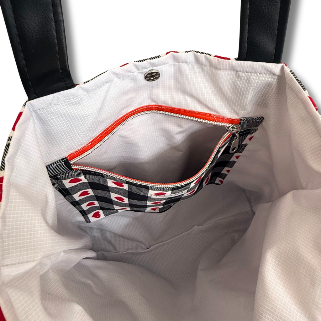 Buffalo Plaid & Red Heart Quilted Tote | Faux Leather Bottom