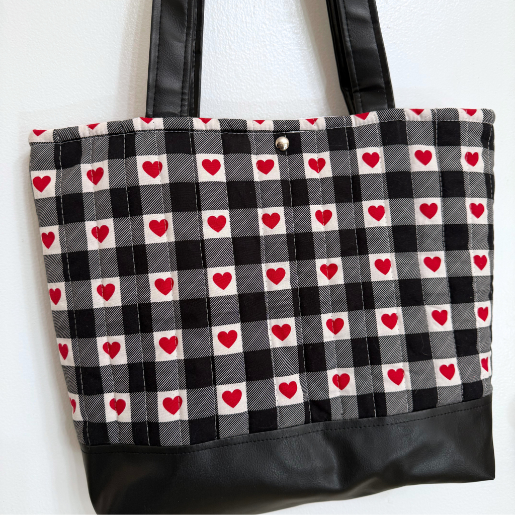 Buffalo Plaid & Red Heart Quilted Tote | Faux Leather Bottom