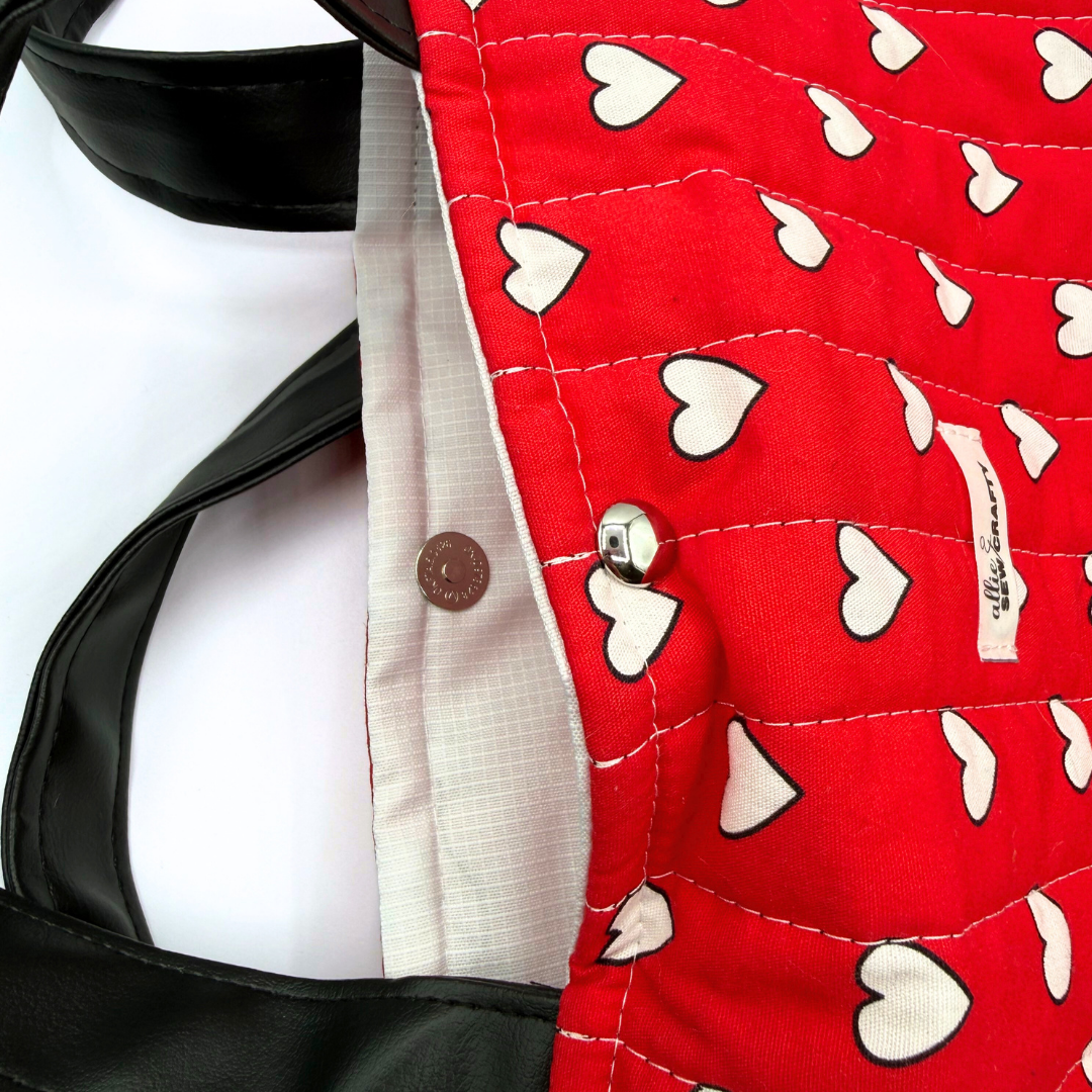 Red & White Heart Print Quilted Tote Bag | Faux Leather Base & Shoulder Straps