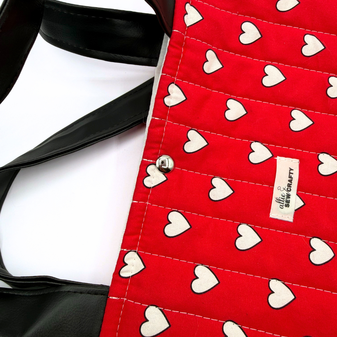 Red & White Heart Print Quilted Tote Bag | Faux Leather Base & Shoulder Straps