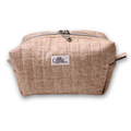 A beige woven fabric cosmetic pouch with a top zipper and a white brand label reading 'Allie Sew Crafty', shown on a plain white background.