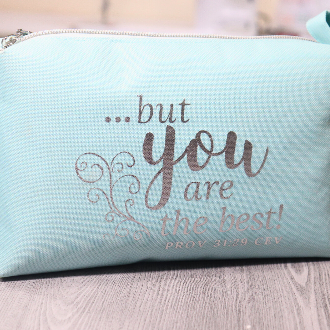 PROVEBERS 31:29 message on blue zipper pouch