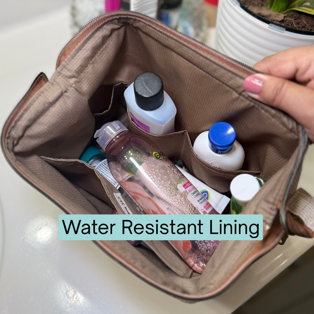 Open brown toiletry bag with various items and 'Water Resistant Lining' text overlay.