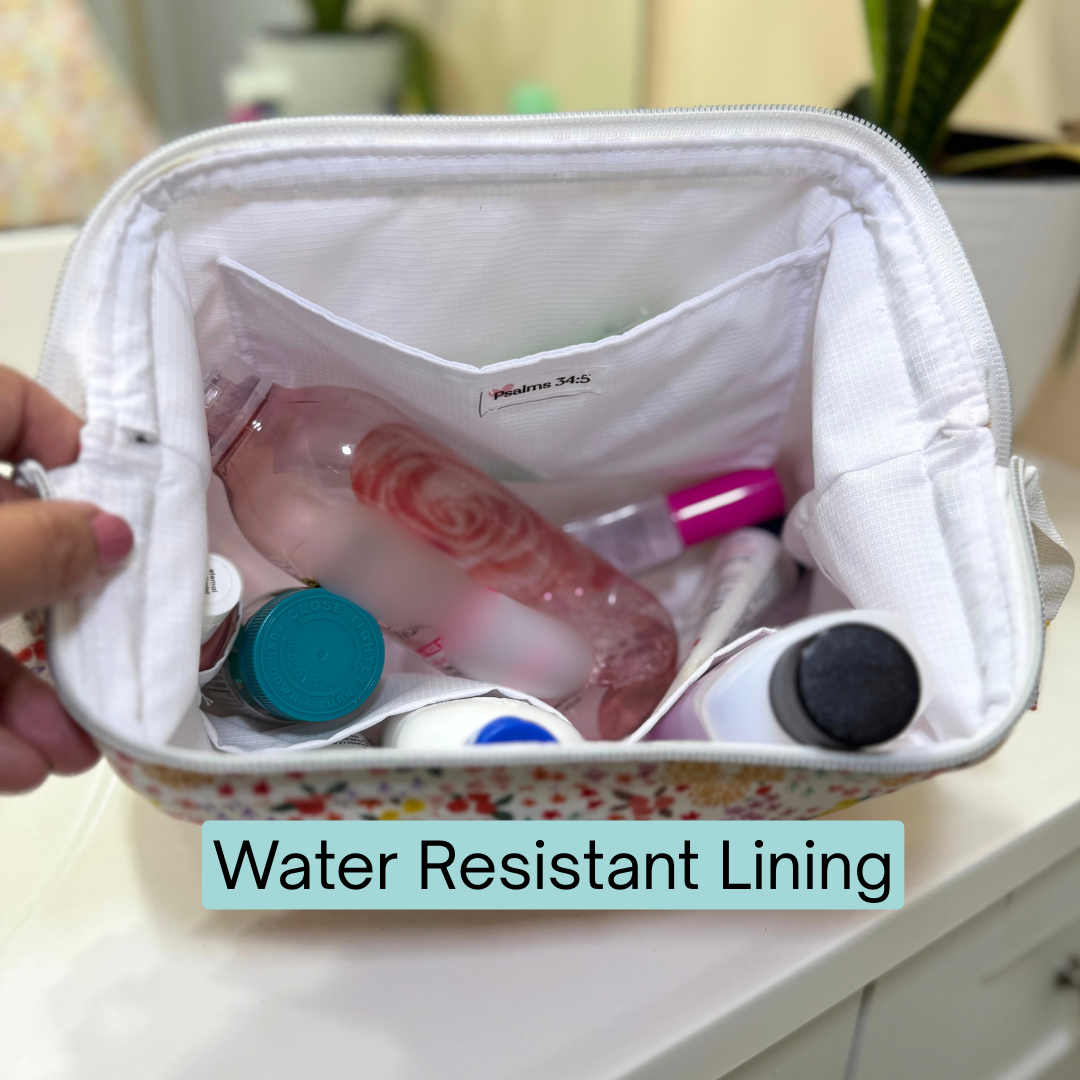 Small bag with cosmetic items and 'Water Resistant Lining' text