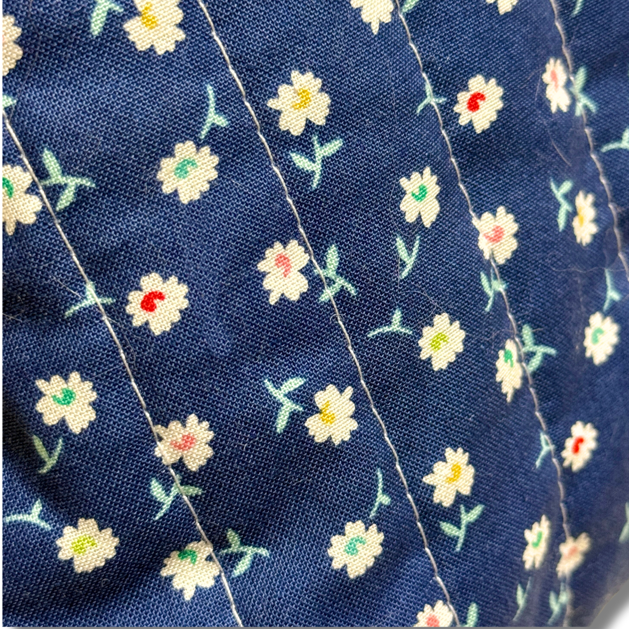 Close-up of a navy blue fabric with a repeating pattern of small white daisies and tiny colorful floral details, stitched vertically.