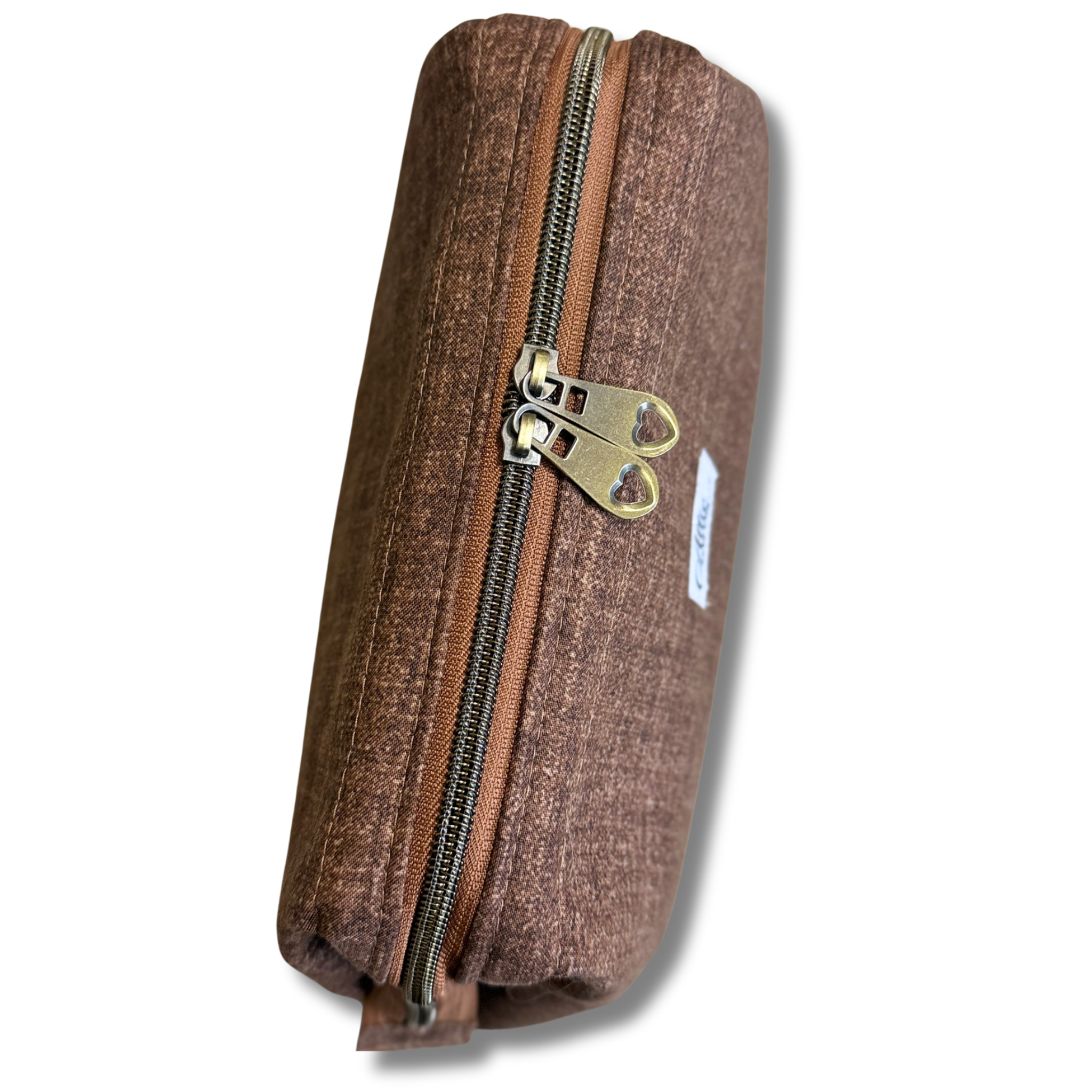 Closed Solid Heathered Espresso smooth Full View Pouch, angled view, showing the heart-shaped zipper pulls