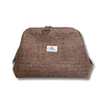Closed Solid Heathered Espresso smooth Full View Pouch, front view, with bronze double zipper and Allie Sew Crafty label