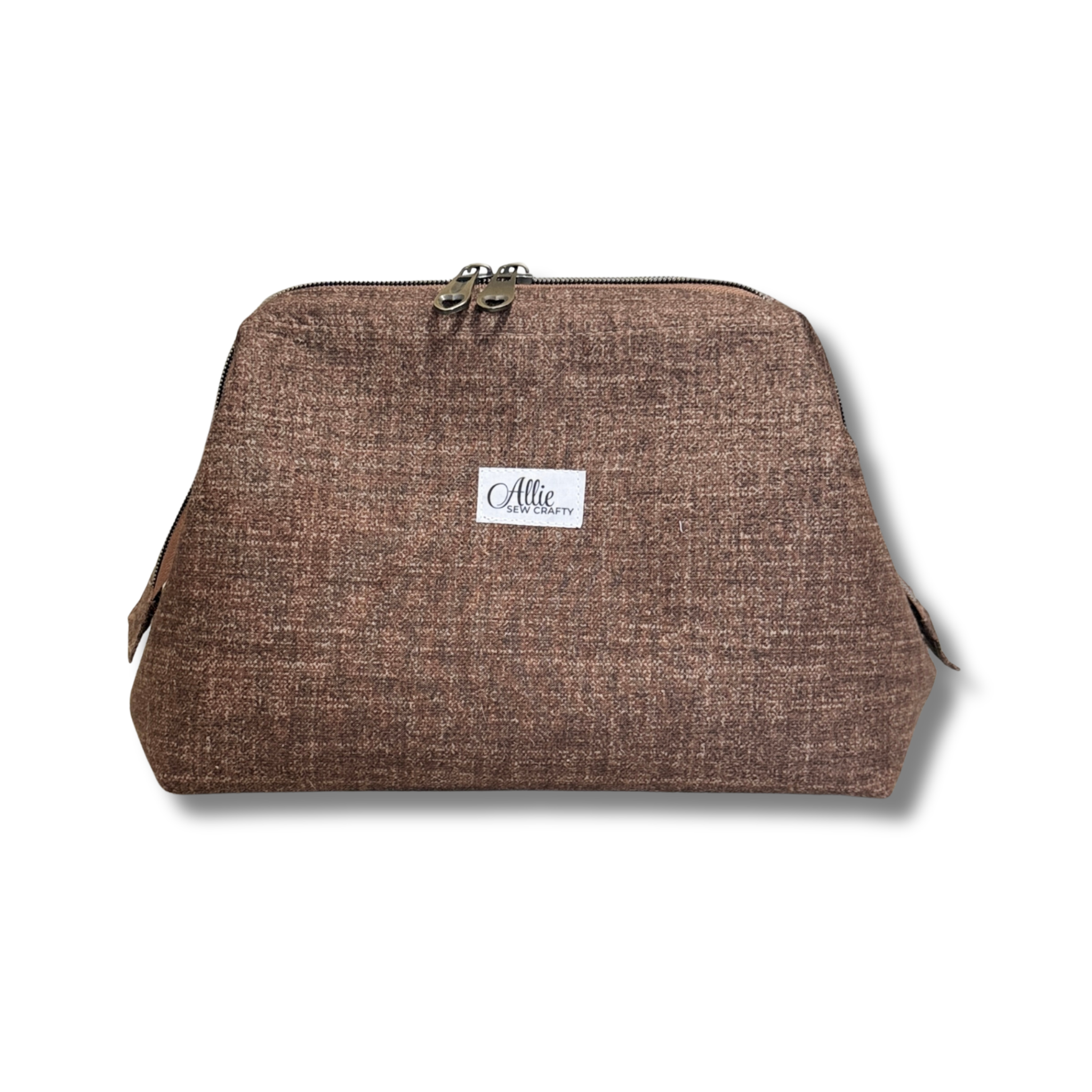 Closed Solid Heathered Espresso smooth Full View Pouch, front view, with bronze double zipper and Allie Sew Crafty label