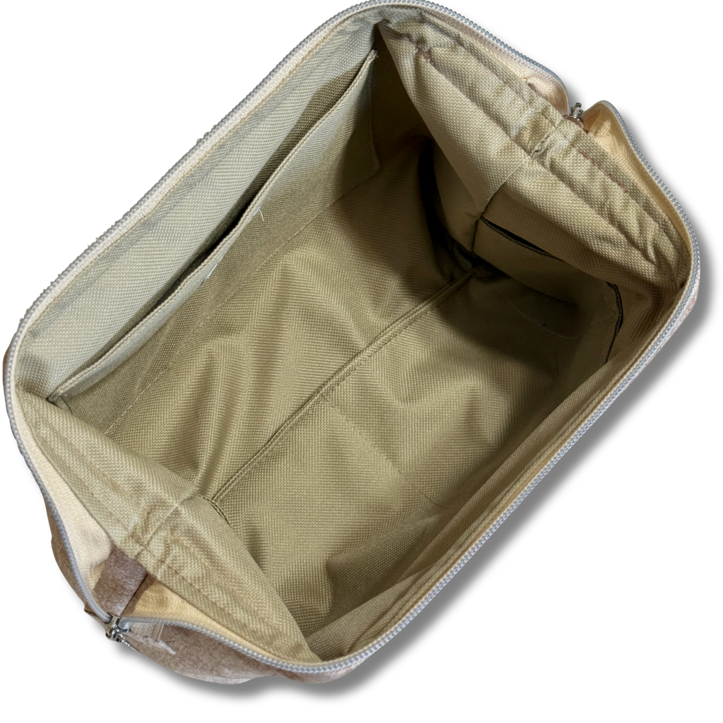 Opened pouch a Solid Heathered Beige Full View Pouch to show the tan water-resistant interior lining and interior pockets