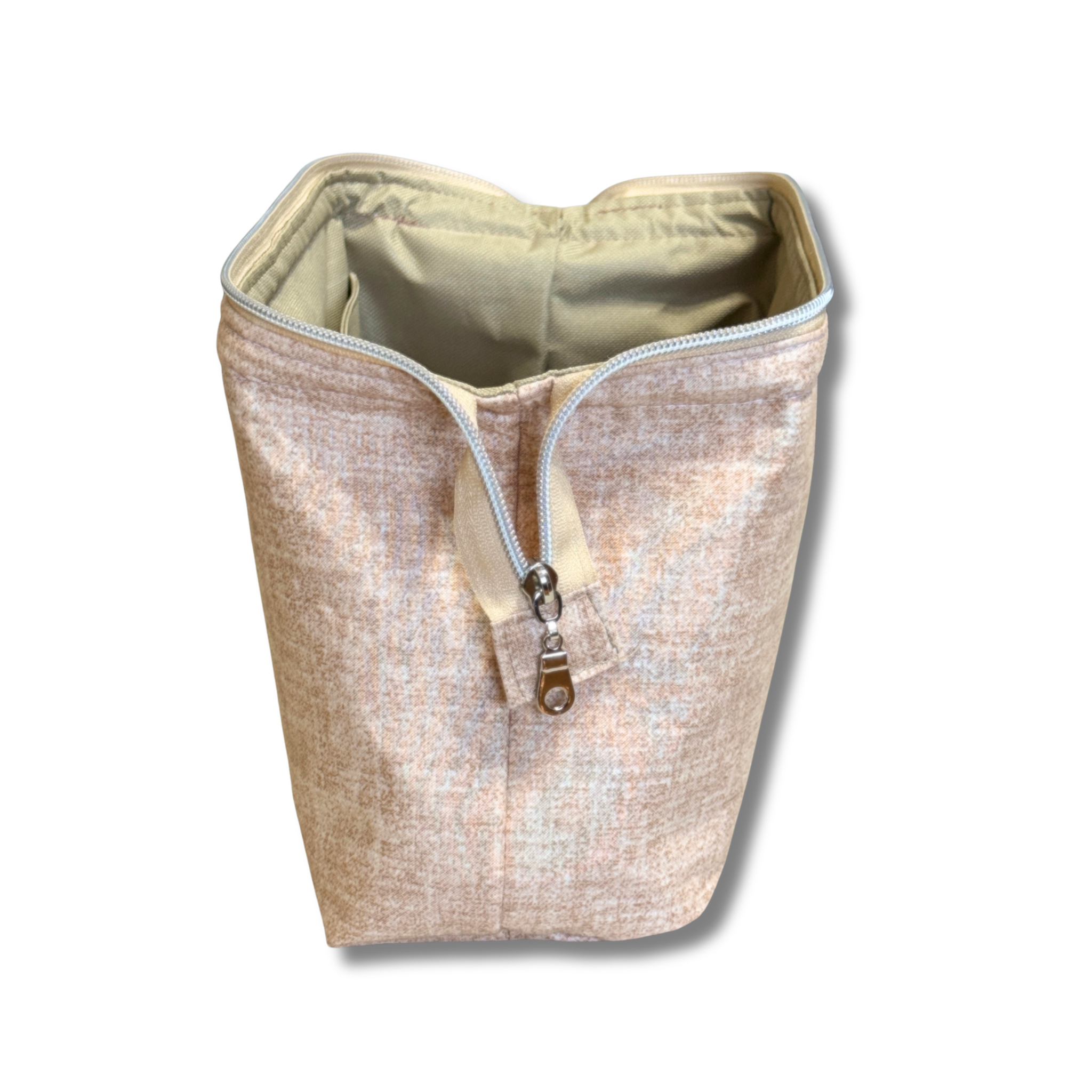 Open Solid Heathered Beige smooth Full View Pouch, standing upright on its own, empty