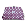 Closed Purple White Daisies quilted Full View Pouch with white daisy print in rows, silver double zipper, and Allie Sew Crafty label