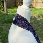 Mannequin wearing a red, white, and blue star-patterned dog collar outdoors.